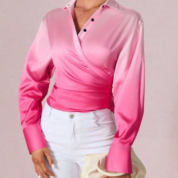 Pink Preppy Womens Solid Wrap Detail Button Front Shirt - Picture 5 of 5